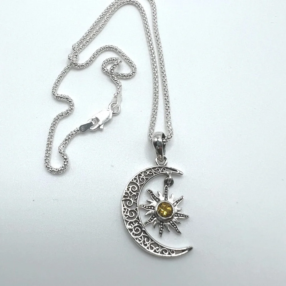 Genuine Citrine .925 Sterling Silver Moon Necklace - Picture 14 of 17
